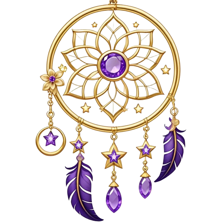 Epic beautiful gorgeous cute gold suncatcher, threads with shiny sparkly amethyst gemstones, flowers, crescents-moons, stars, violet Feather emoji