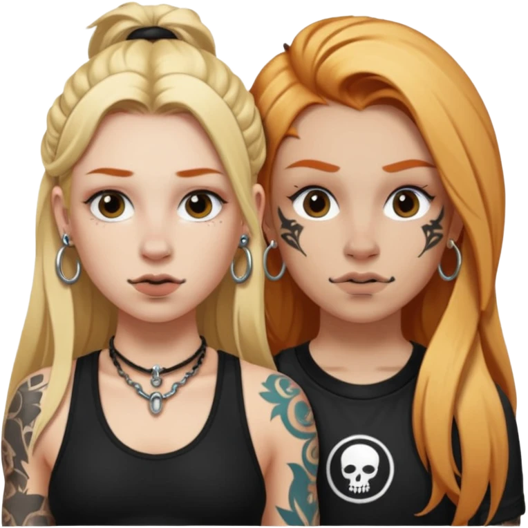 girl with long blonde hair, black tattoos and a septum piercing next to an athletic ginger girl a septum piercing emoji