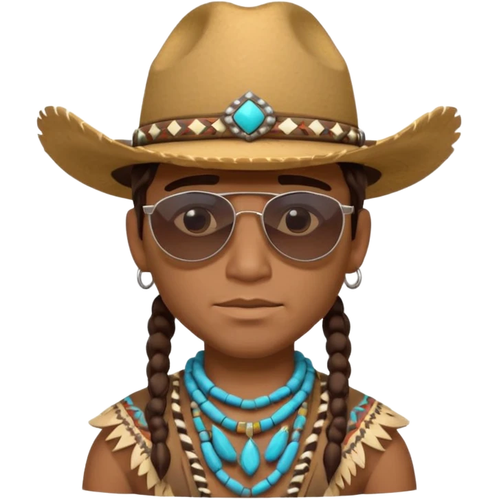 cute Indigenous tribal male portrait, head and shoulders only, cowboy hat, sunglasses, tribal jewelry, confident expression, 3D cartoon, mobile game icon style, clean background, no text, no watermark
 emoji