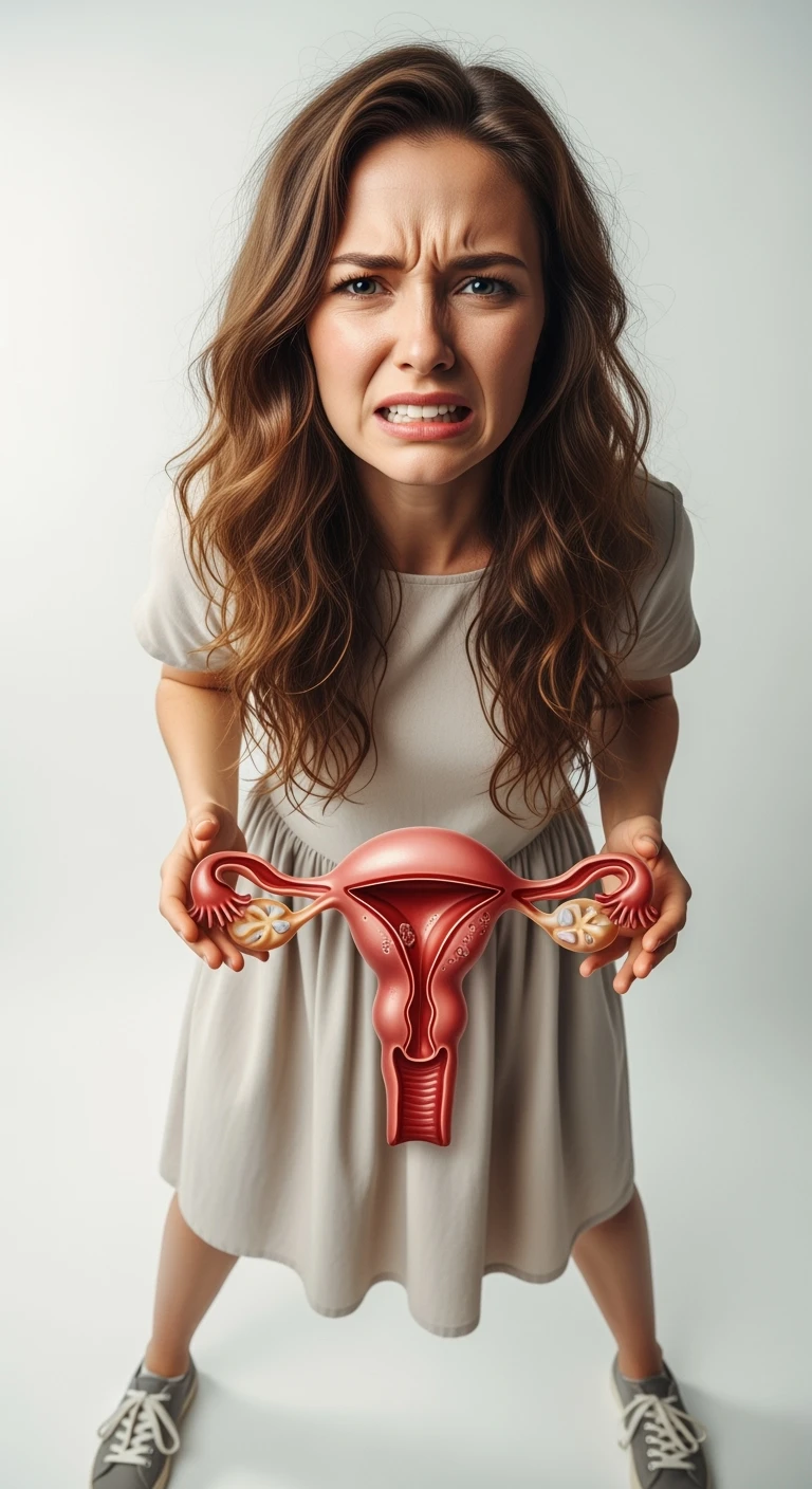 donna vestita casual realistico con utero umano anatomico in evidenza, dolore in volto
, IPERREALISTICO 4K, sfondo bianco emoji