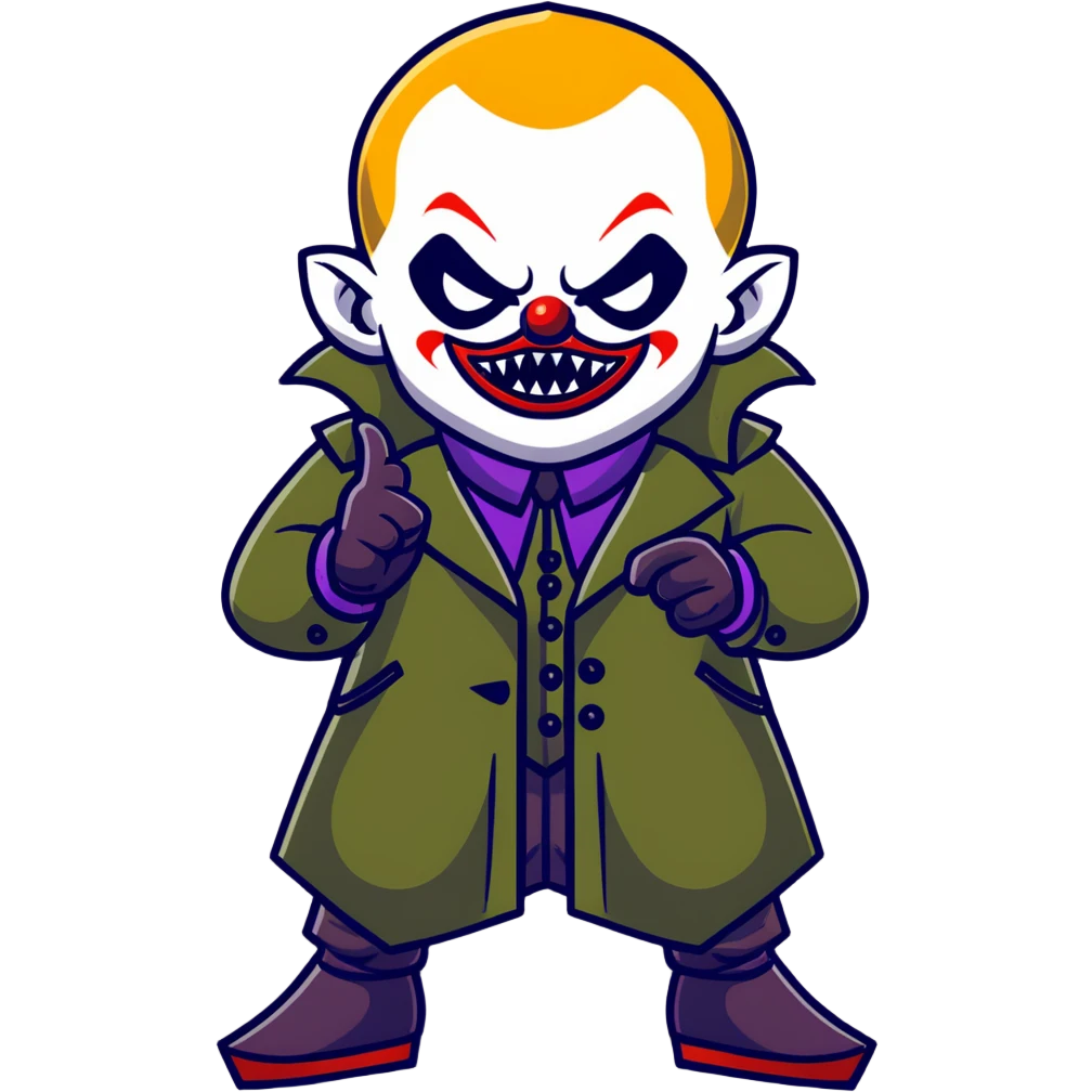 evil clown warrior, bald, small black horns on forehead, fangs, pointed ears, eye patch over one eye, long coat over black and military green leisure suit with bellbottom pants, tail, realistically proportioned, less bulky, full body visible, battle-ready fighting posture emoji