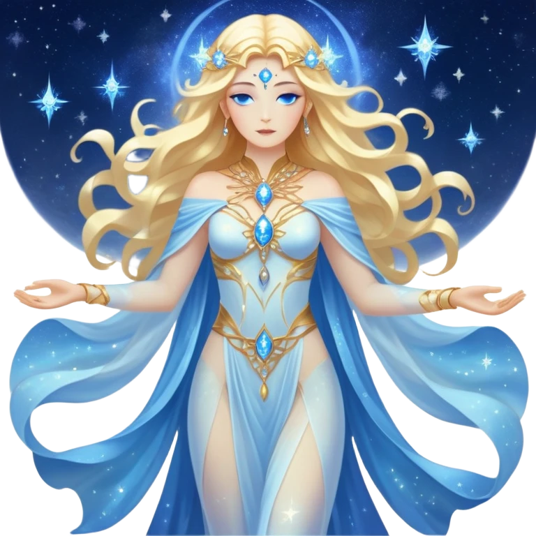 fullbody universe goddess Sophia, Ethereal Light Being, Made of starlight and fractals, Glowing white/gold skin with flowing translucent robes, Hair blue like galaxy mist, Jewelry made of stars and crystals emoji