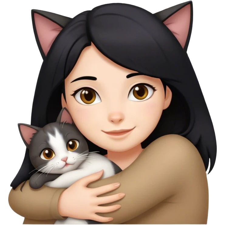 happy girl with black hair hugging three cats  (darle brown cat, full gray cat, brown calico cat) emoji