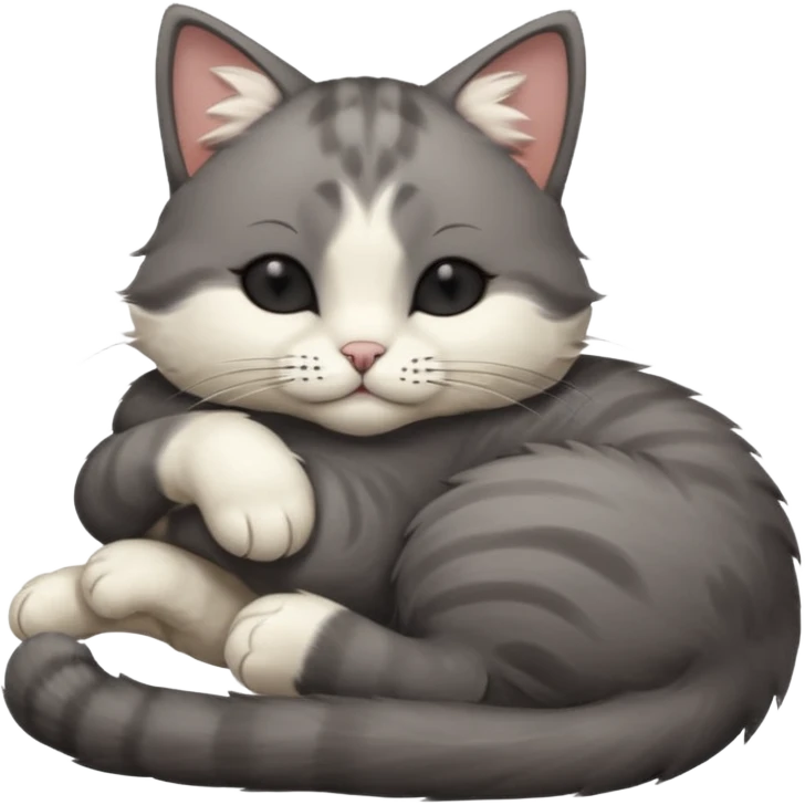 dark grey and white small cat with his eyes closed, leaning his head on his paw while leaning on his elbow lying down emoji