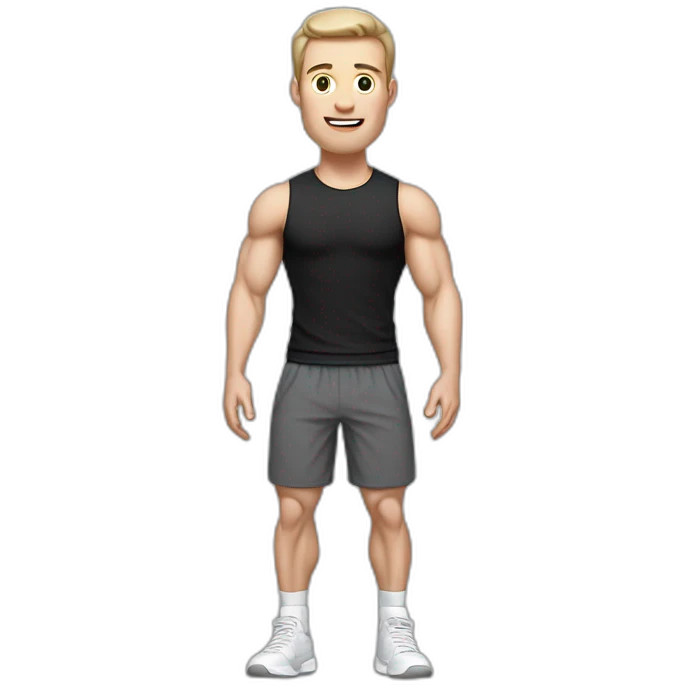 amazed Pale skinned Fit Man With the biceps and dark brown hair in black shirt, gray sports shorts and white Sneakers emoji