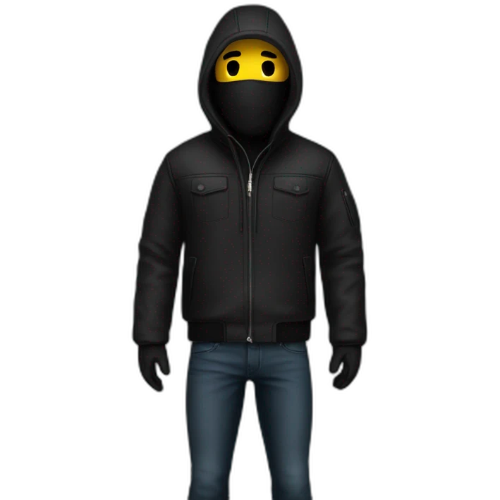 A man standing in black jacket and black jeans. Full body shot. The man is wearing a ski mask with no mouth hole emoji
