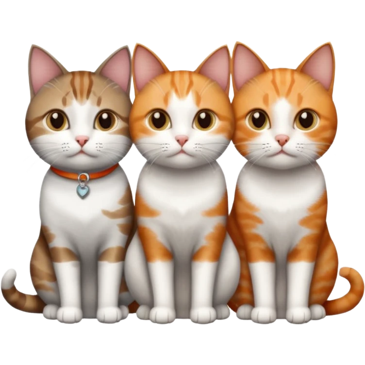 3 different coloured short haired cats including; a dark brown tabby and white cat, and a dark grey and white and a ginger and white emoji