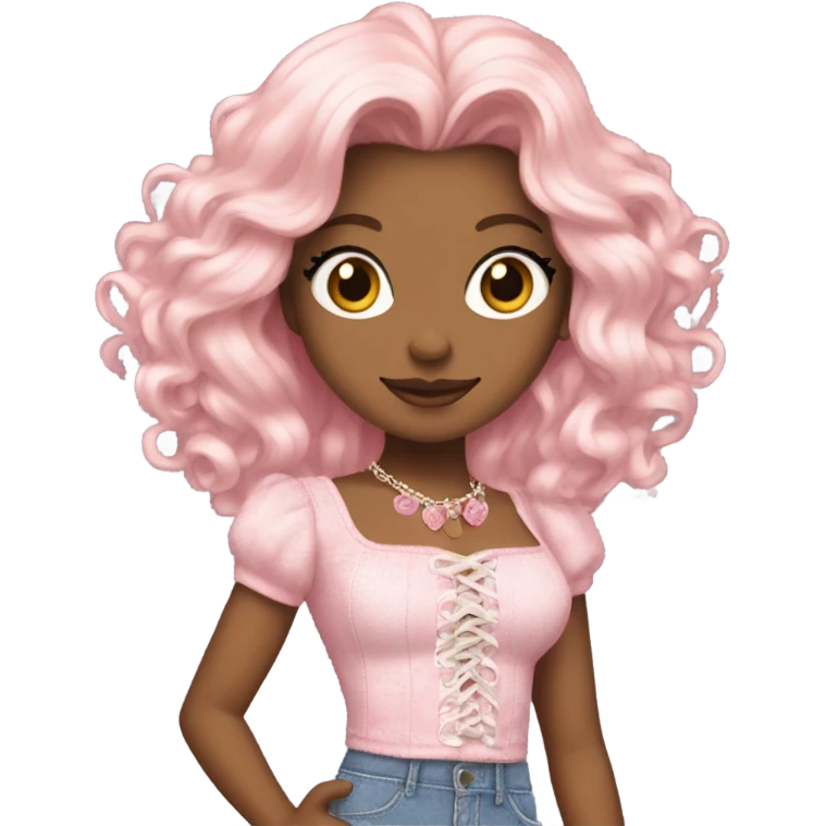 Glinda in short jeans and pink skirt and Shakira lace up croc top  emoji