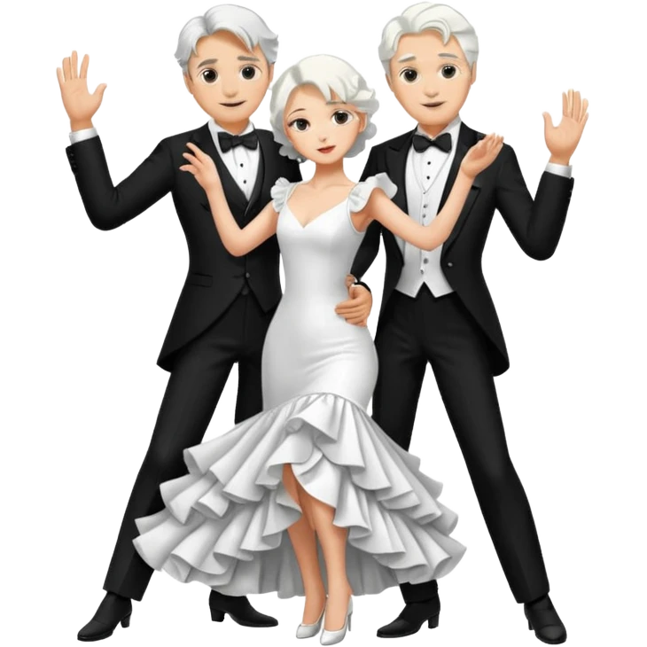 Dancing Tango couple conservative black tux for male and white long rafle dress for woman. Both male and female with white hair emoji
