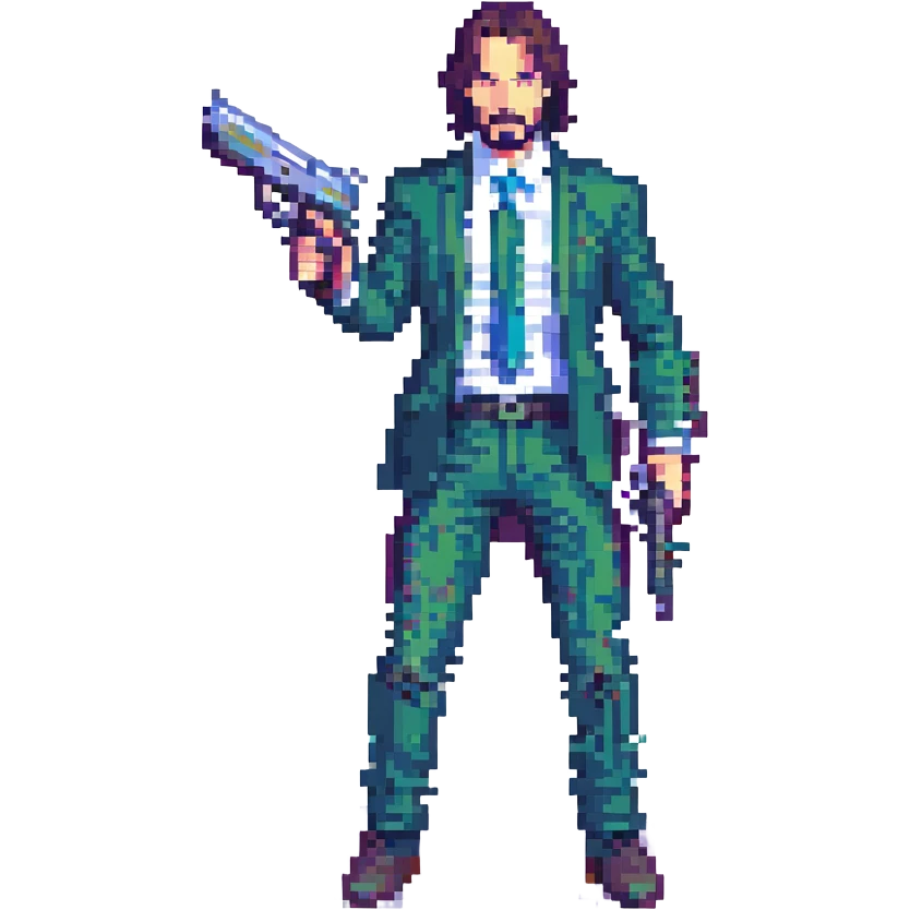 John Wick in pixel art style, with pistols, dynamic stance, pixelated, minimal background emoji