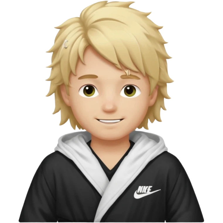 Create a blond boy with long, messy hair, light eyes, a white t-shirt, rich, with long hair, blue eyes, medium-length, voluminous hair, wearing a black Nike bathrobe and a little blush near his nose. and with a balaclava, type bandit balaclava emoji