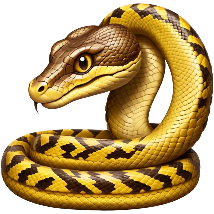 cinematic-python-realistic-full-body-coiled-emoji,-thick-scaled-body-looped-tightly,-intricate-brown-and-gold-patterned-scales-reflecting-light,-head-tilted-dramatically,-slitted-eyes-staring-calmly,-simplified-yet-realistic-focused-feature emoji