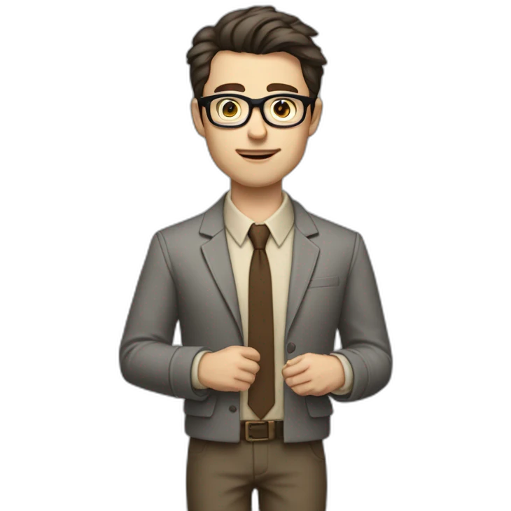 Full height Gesticulating Pale skinned fit man with dark brown hair in gray jacket, beige office shirt, brown tie, brown pants and vintage glasses. emoji