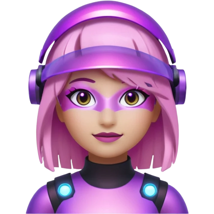 “Futuristic Roblox girl emoji, 2050 style. Pink-purple holo visor, light-strand hair, digital eyes sparkle, metallic pastel glow, neon aura background.” emoji