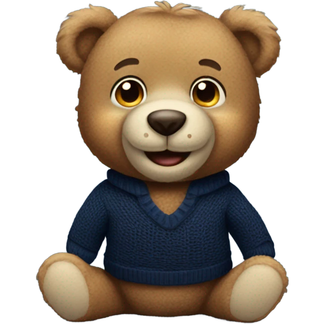Handsome happy teddy bear wearing a nave blue sweater at a hockey game emoji