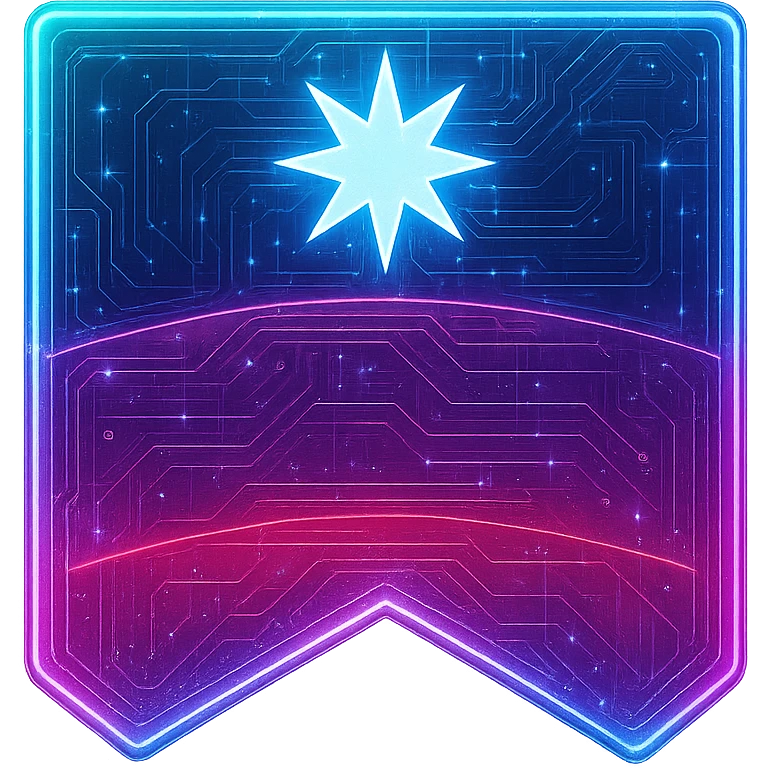 Transform the banner into a cyberpunk, holographic style with glowing neon blue and pink edges. Add intricate circuit patterns throughout the banner with a transparent background. Maintain the recognizable shape, color bands, and star, overlaying neon and circuit effects in a futuristic, clean style consistent with cyberpunk glow and intricate circuit details. emoji