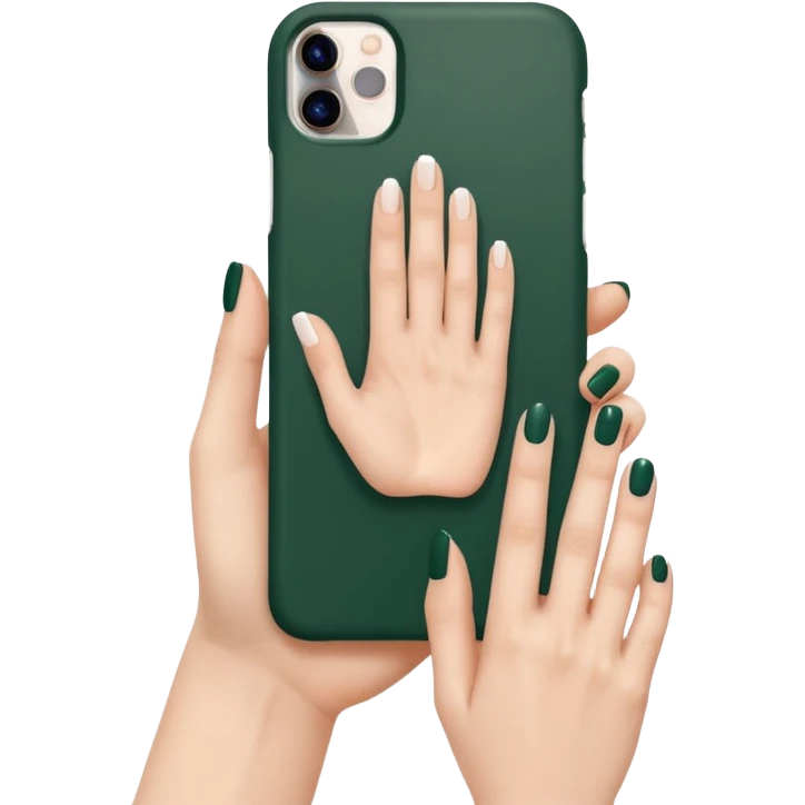 female hand with nude manicure (5 fingers) holding a white iPhone in a dark green case, clean background, minimalist emoji