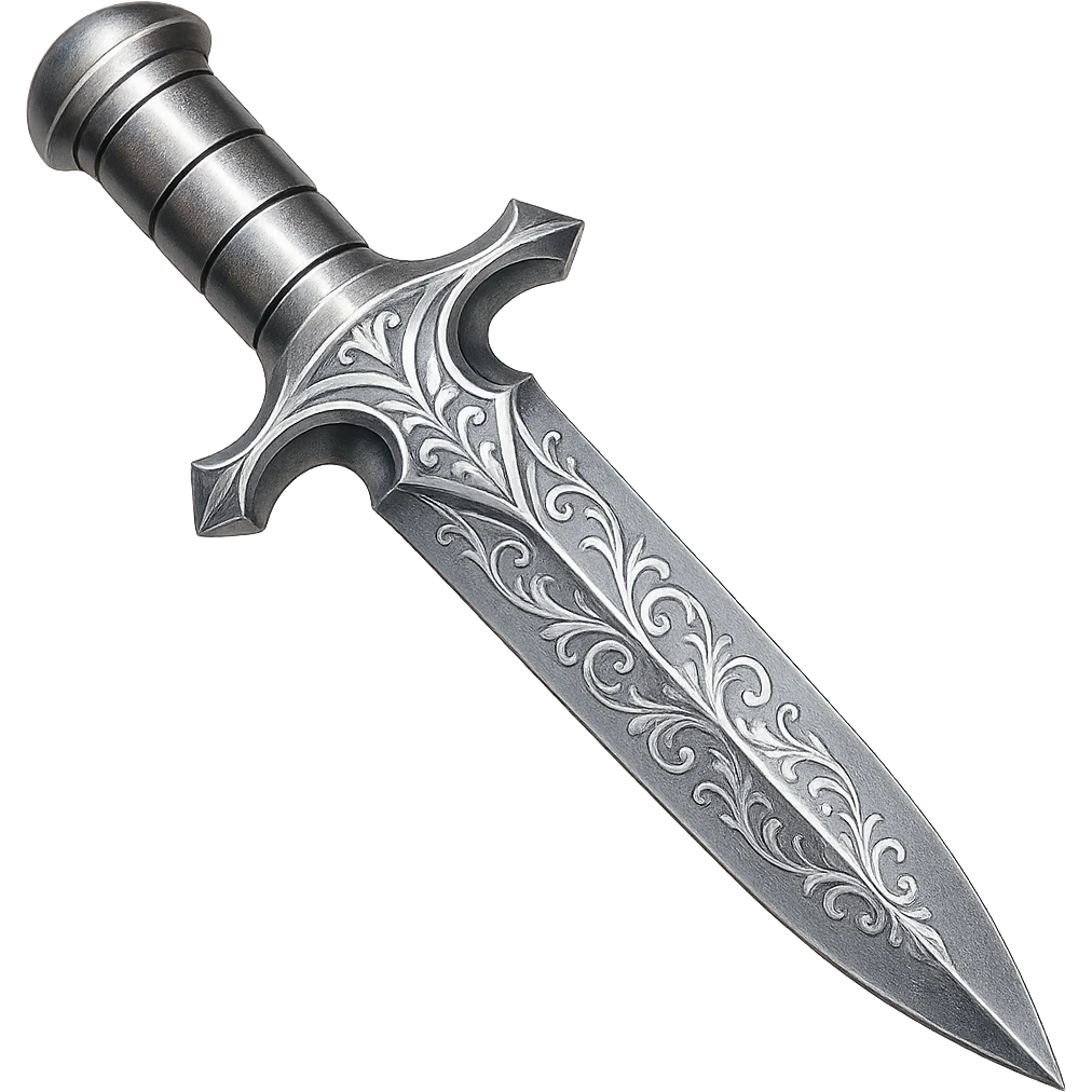 Engrave this steel dagger with elegant silver engravings, keep it crisp, shiny, and slightly fancier than iron, realistic metallic steel, emoji style. Transparent background. emoji