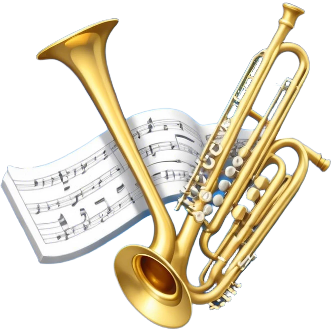 Create an elegant and refined emoji that represents orchestration and arrangement. The design should feature a musical score or sheet music with various orchestral instruments like a violin, a trumpet, and a grand piano subtly integrated into the composition. Add a conductor's baton, symbolizing the guiding hand of orchestration, and flowing musical notes that move between the instruments. Use rich, classic colors like gold, silver, and deep blue to evoke the sophistication of orchestral music. The background should be transparent, with a touch of intricate details to represent the complexity of orchestration. emoji