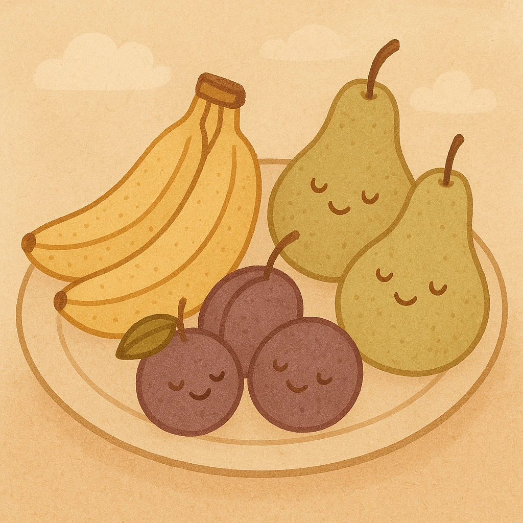 a plate with bananas, pears, and plums, in flat warm colors illustration style emoji