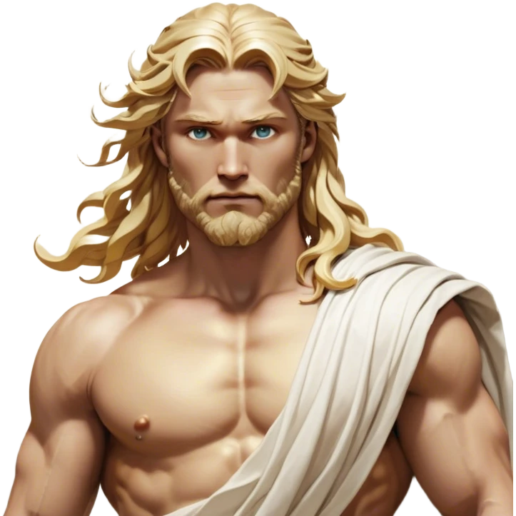 Cinematic Realistic Thor Portrait, depicted as a classical Greek god with a chiseled, sculpted physique reminiscent of ancient marble statues. His fair, luminous skin carries a subtle golden sheen, and his long, wavy, sun-kissed golden hair flows elegantly around his noble face, accentuating his determined, piercing eyes. Draped in a flowing white toga with delicate golden accents and hints of lightning motifs, the portrait is rendered in dynamic natural lighting with a radiant, mythic glow that exudes timeless strength and divine grace. emoji