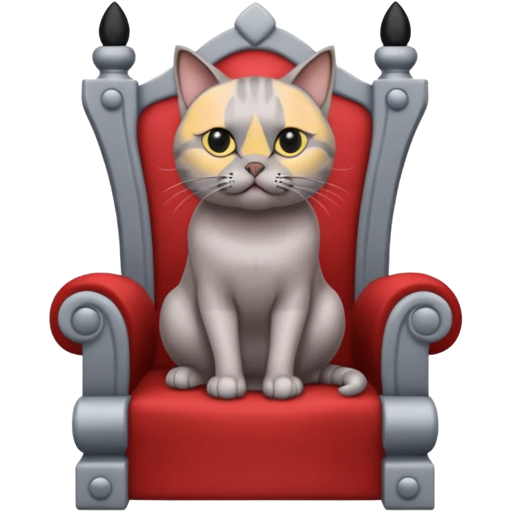A gray cat with a black nose sitting on a throne looking at the world with disgust emoji