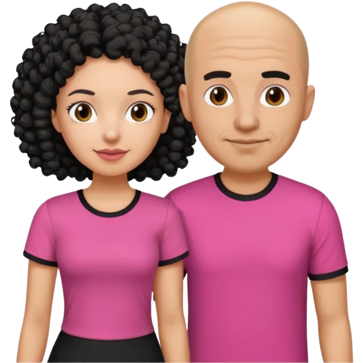 A picture if a couple, the man is a bald Mexican man with a black tee shirt on and the woman is mixed with black and white, with curly hair and a pink shirt on emoji