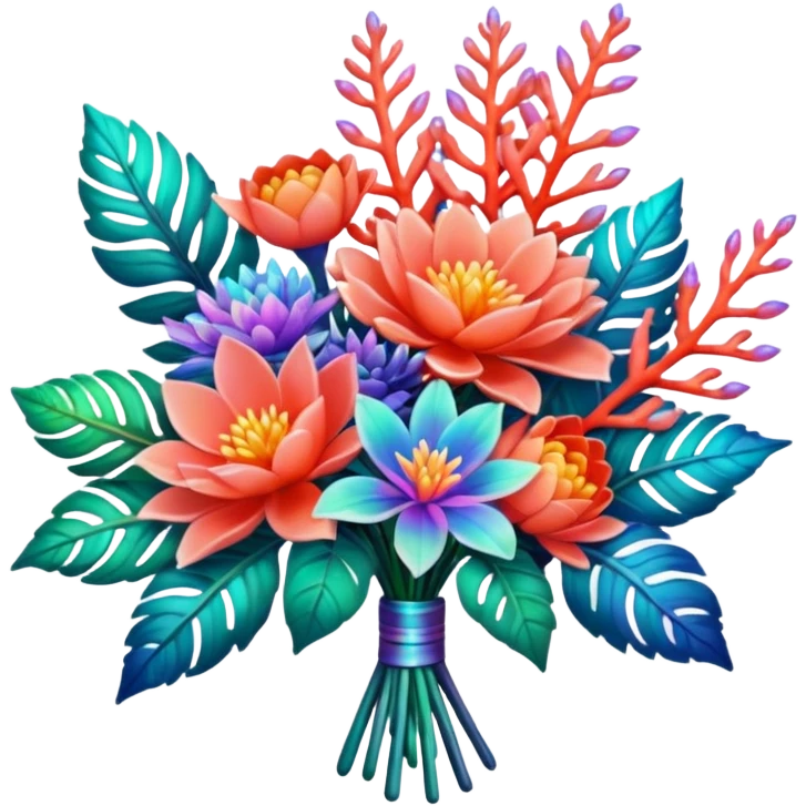 bouquet. 5000x5800 pixels. transparent background. design should emphasize clean, thin, smooth lines to enhance the visual appeal. Bouquet of lush mixed flowers should be depicted in bright vivid corals, with an iridescent, holographic hue. Surround the flowers with realistic leaves, 8k emoji