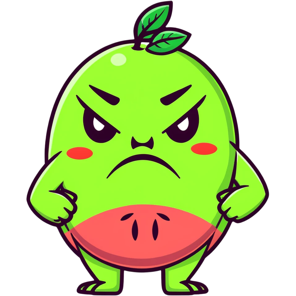 Furious guava character with angry eyes, scowling face, and arms crossed emoji