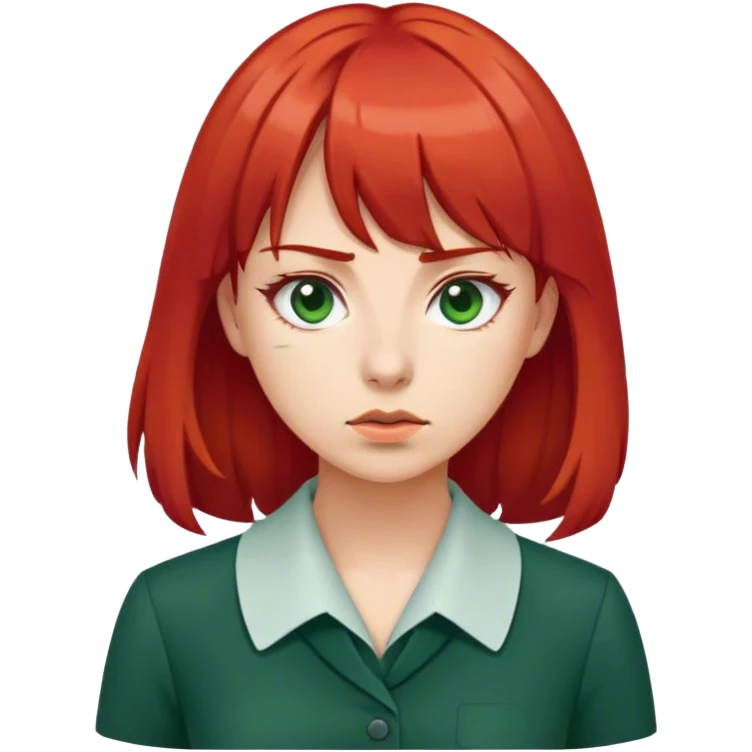 Woman with red bangs shoulder length hair wearing dark green work dress and press pass around neck  emoji