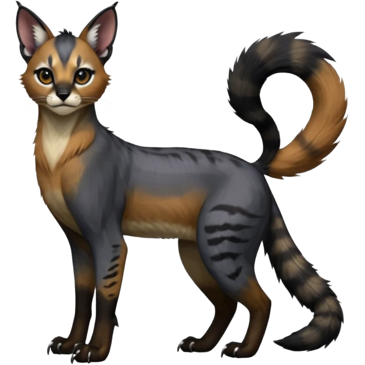 Colorful dark black gloomy spooky pointy foggy smoky points-marked glorious hyper-realistic exotic cute cool beautiful beautiful fantasy-caracal-civet-genet-sergal-vernid-Gryphon-Cacomistle-Trico-oncilla-animal-Fakémon-hybrid-fursona (full body) emoji