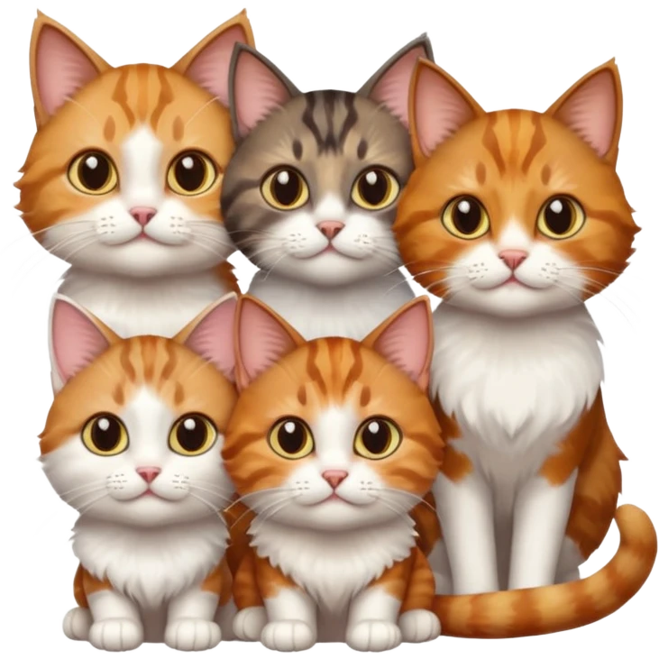 3 cats different colours including brown tabby and white, calico, and ginger and white emoji