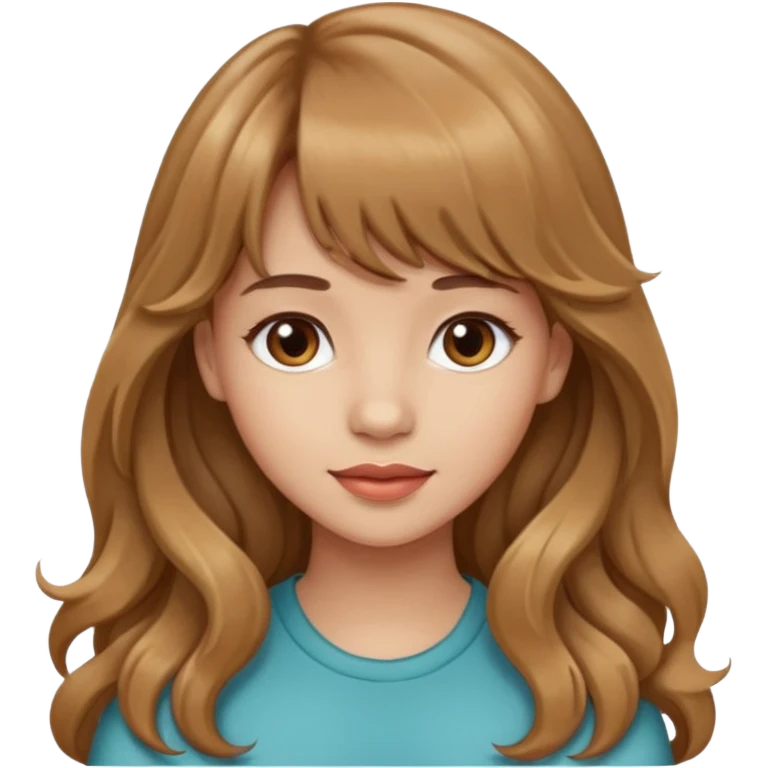 Please generate a portrait of a pretty girl with long, wavy, light brown hair and bangs. emoji