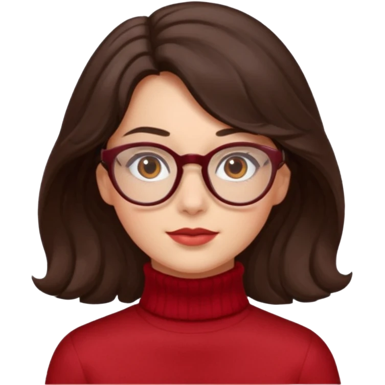 A girl has fair skin wavy dark brown hair, has glasses and almond brown eyes wears red turtle neck emoji