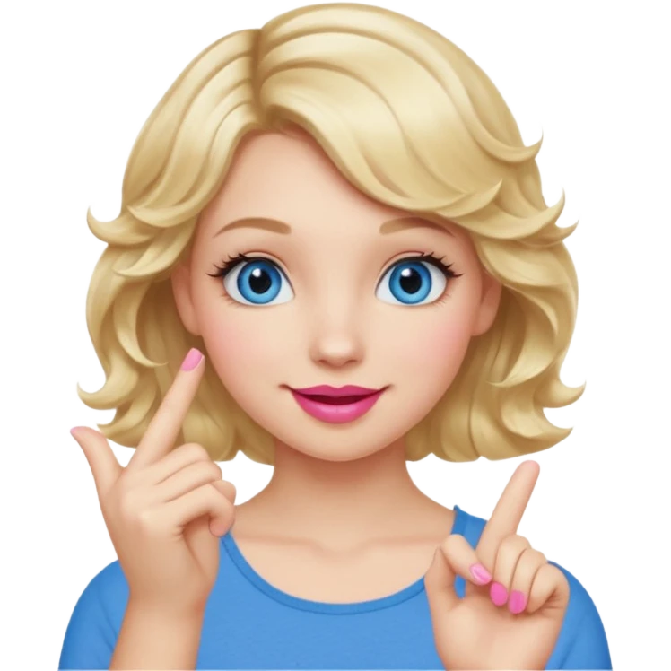 Girl Blonde short wavy hair,  blue eyes, cute blue top, long lashes, pink lips, smiling, hand over the mouth emoji