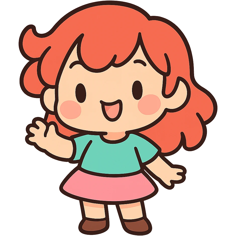 pastel toon style chibi character with red hair, cute expression emoji
