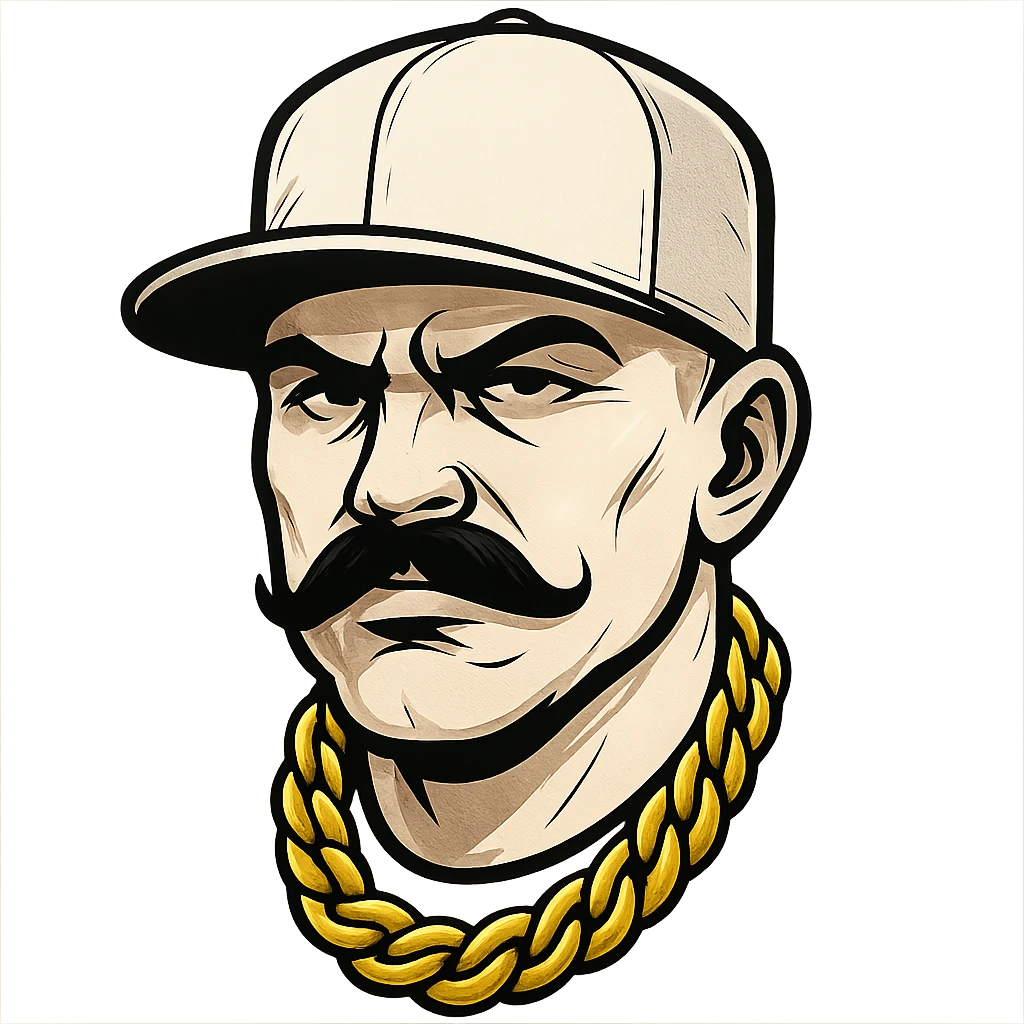 gangsta head with white skin, gold chain, thick mustache, white cap, confident expression emoji