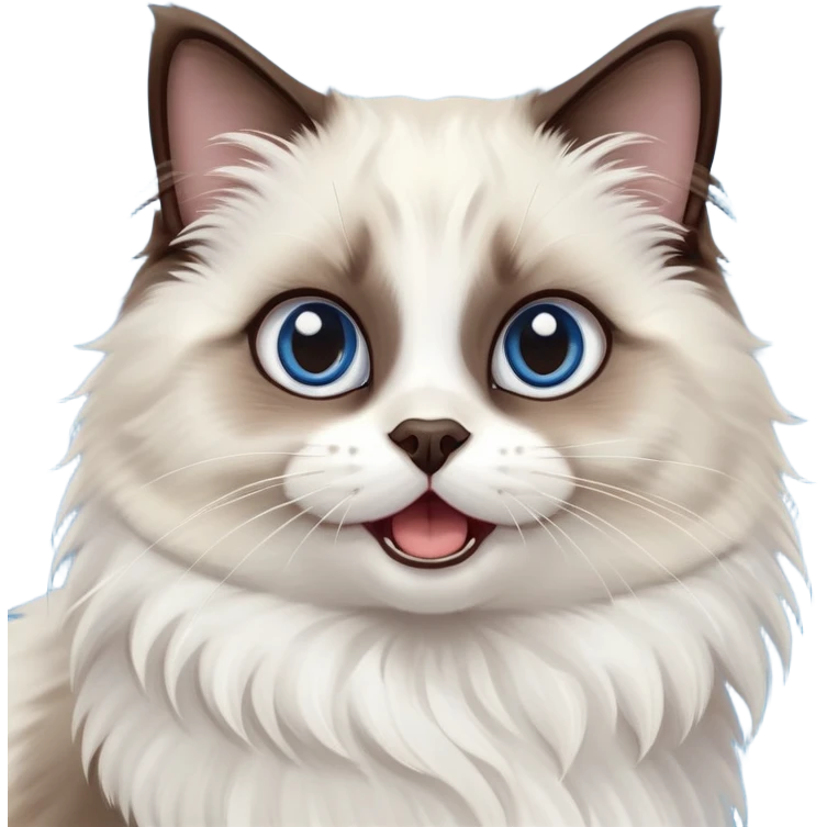 cinematic-adorable-big-eyed-fluffy-dark brown and white seal ragdoll-cat-portrait-emoji,-head-tilted-playfully-with-a-cute,-yawn,-soft-brown pointed seal-and white-colored-fur-with-darker-points-on-the-ears,-simplified-yet-irresistibly-cute-features, sparkling blue eyes emoji