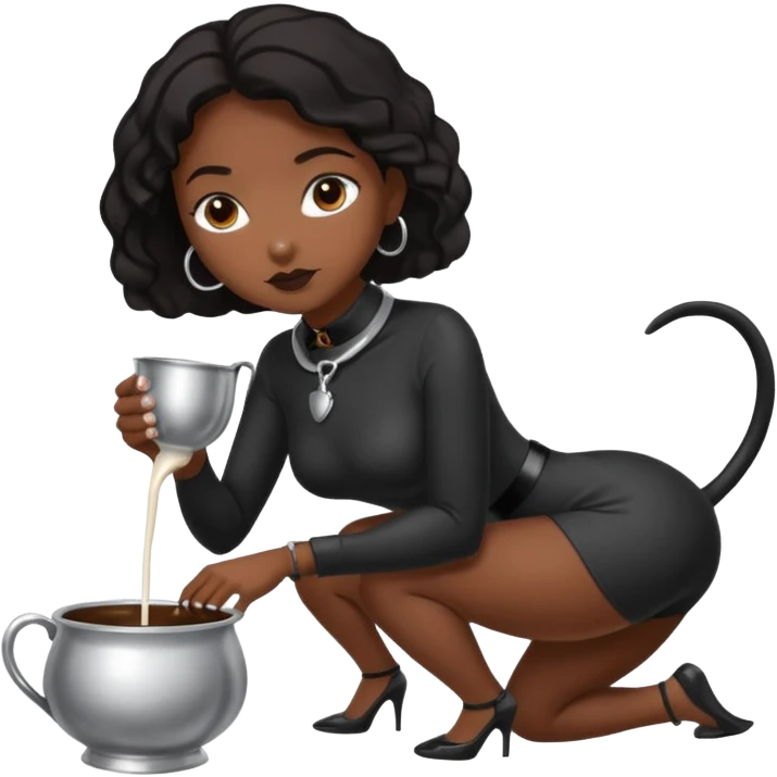 Dark Women drinking  from sliver milk bowl with only leash on on all fours  emoji