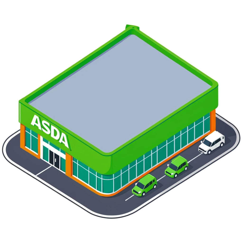 Isometric ASDA supermarket exterior with green facade, click and collect pickup point, and British number plate cars in car park emoji