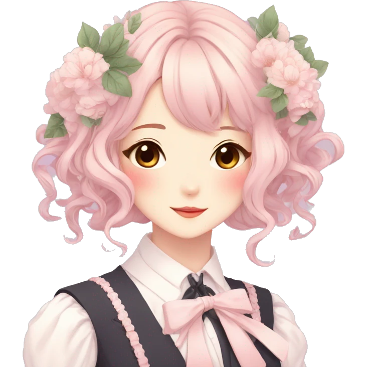 Gorgeous pastel anime style lady with blushing face and flowers and laces and bow ties and pretty hair aesthetic trending style emoji