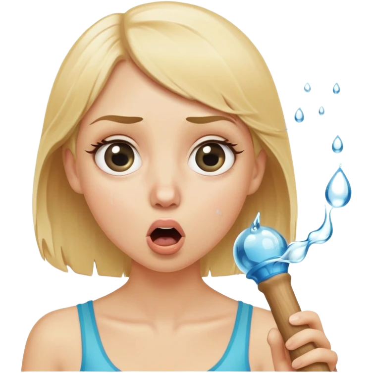 blond woman with wide eyes, holding a wide skin-colored stick with a round knob, both matching her skin tone, water squirting from the knob into her mouth, shocked face emoji