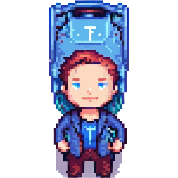 Elon Musk as a pixel art character, holding a Tesla logo, simple background emoji
