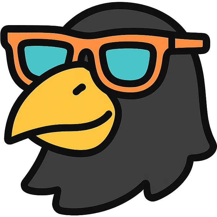 head of a black bird wearing sunglasses, fun and bold style, colorful lineal icon with black outlines emoji