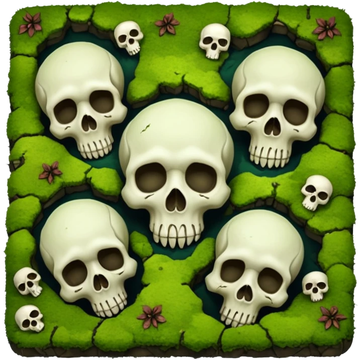 A creepy moss covered ground with skulls from a top down perspective. In the style of your bleeding skull art. emoji
