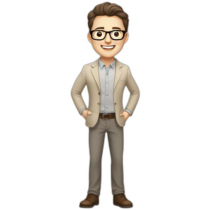 Joyful Pale skinned Fit Man With dark brown hair in gray jacket, beige office shirt, Brown pants and vintage glasses. His thrumbs up emoji