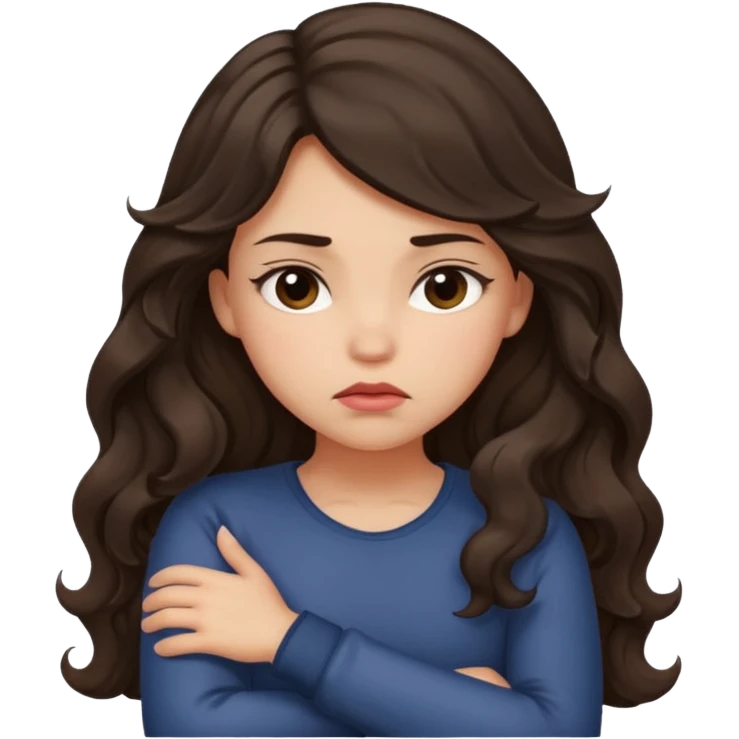 Light tan girl with dark, long, wavy hair crossing her arms and pouting emoji