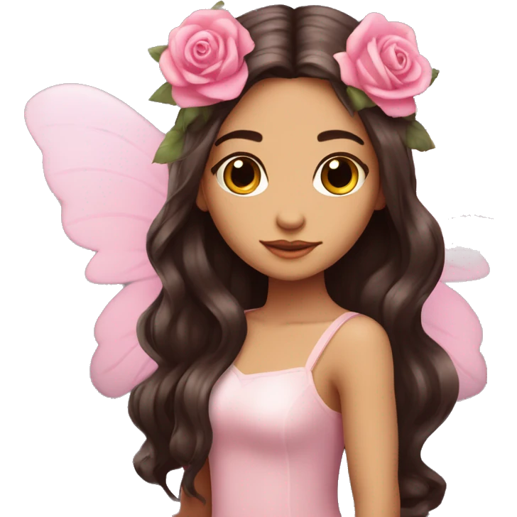 Beautiful, rose, fairy, pink, flowers in hair, long dark brown hair, big wings, fair skin emoji