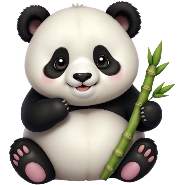 Cinematic smiling chubby panda, fluffy black and white fur, round rosy cheeks, tiny paws holding a bamboo shoot, sparkling eyes full of joy, soft glowing background, irresistibly huggable. emoji