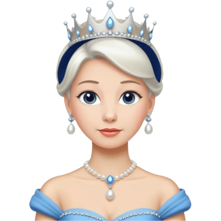 Queen with white bun hair – silver tiara, pearl necklace, elegant gown, blue dress emoji